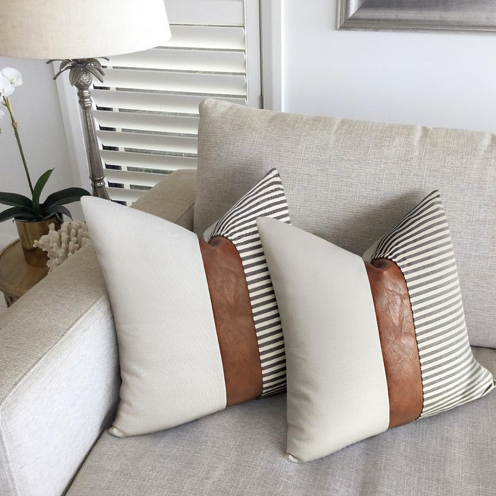 16x16 inch Pillow Covers Set of 2 Farmhouse Decor Stripe Patchwork Linen Throw Pillow Covers Modern Faux Leather Covers for Couch Sofa,Black