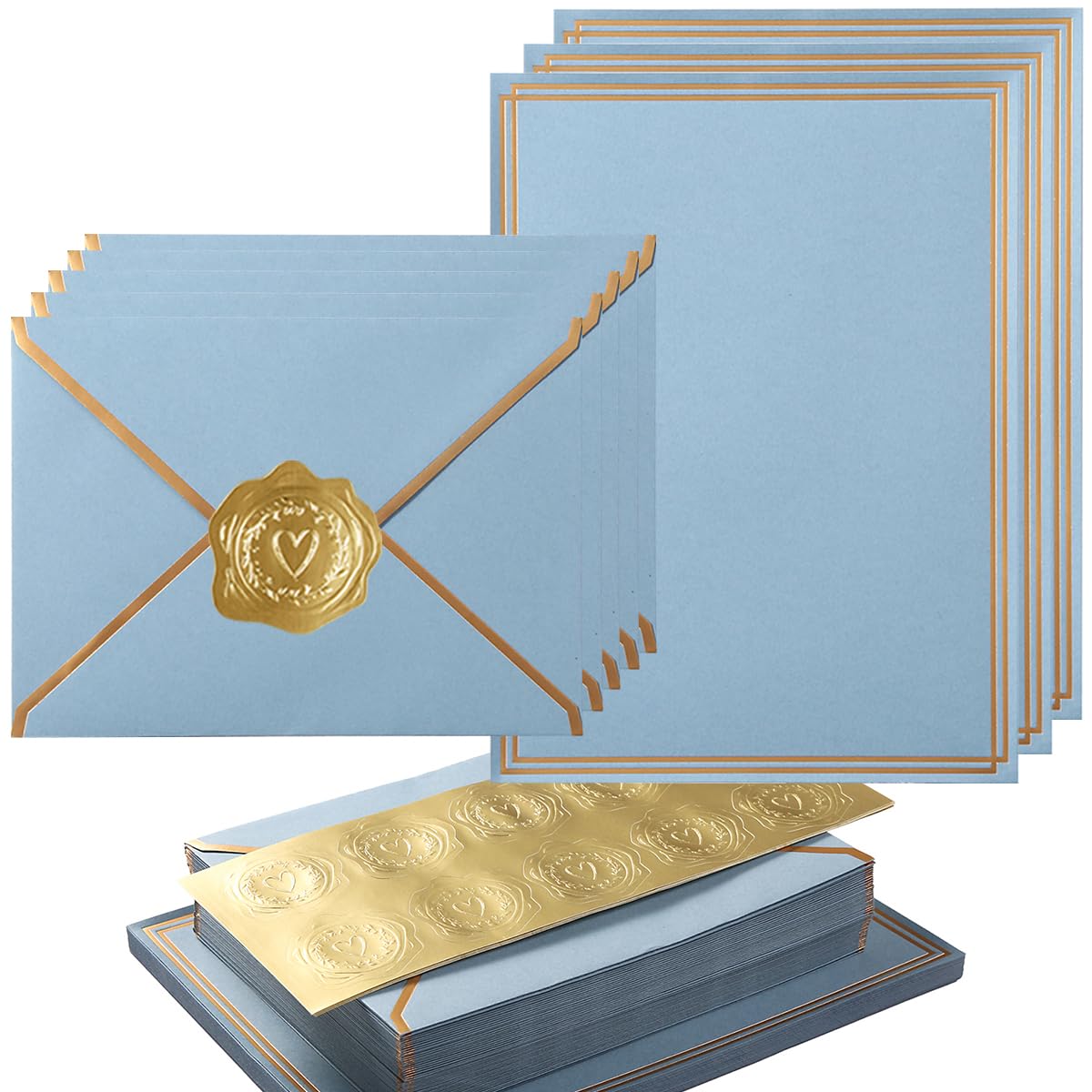 50 Pack Stationery Set with Envelopes, Cream Color, 8.5x11 Inches | Gold Border, #10 Business Envelopes and 8.5x11 Paper Sheets, Stickers for Letter Writing, Invitations