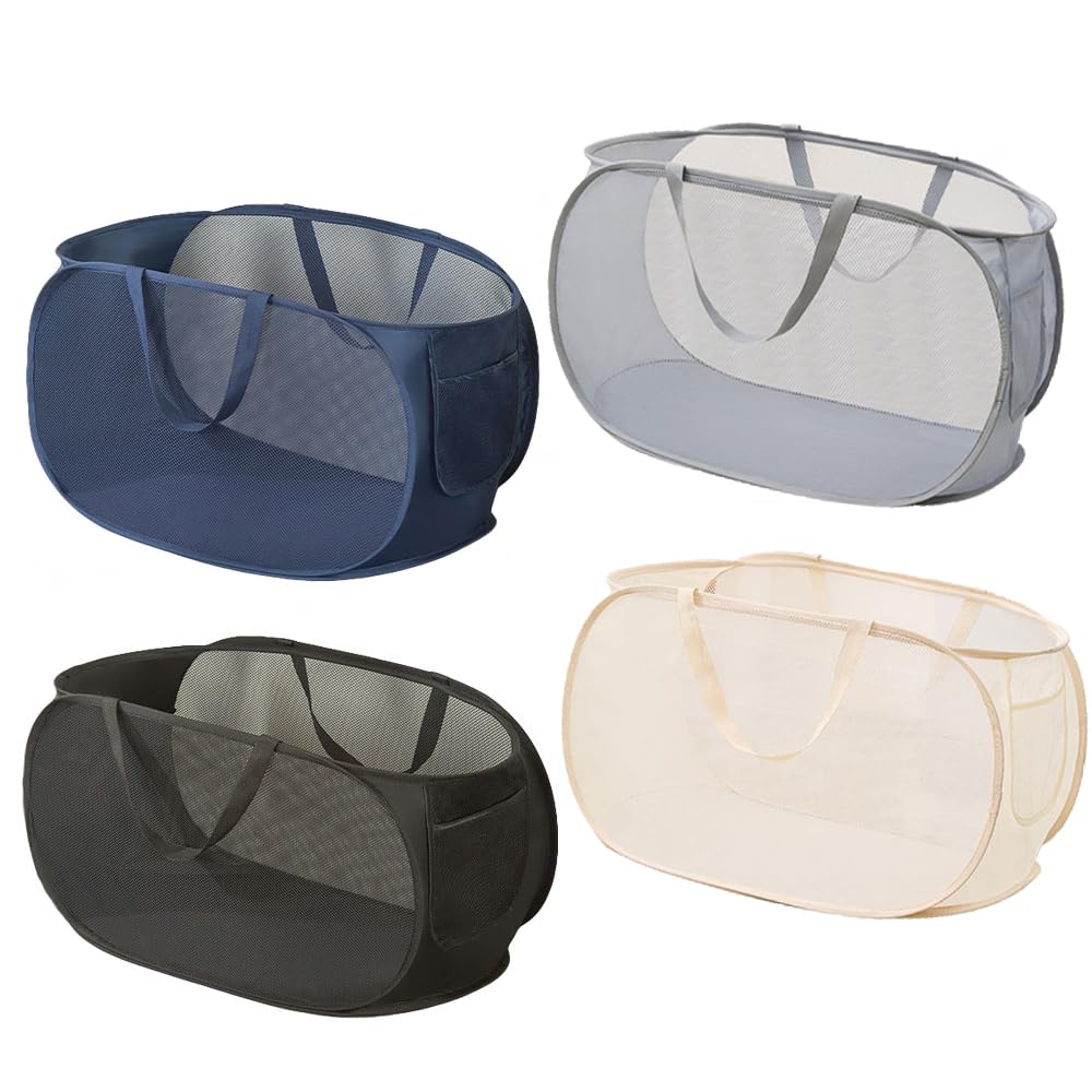 4Pcs Beige Canvas Laundry Hamper, Foldable Pop-up Mesh Basket, Large Capacity, Opening Design, Side Storage Bag, Versatile Use-Home, Camping, Dorm, Hotel, Travel