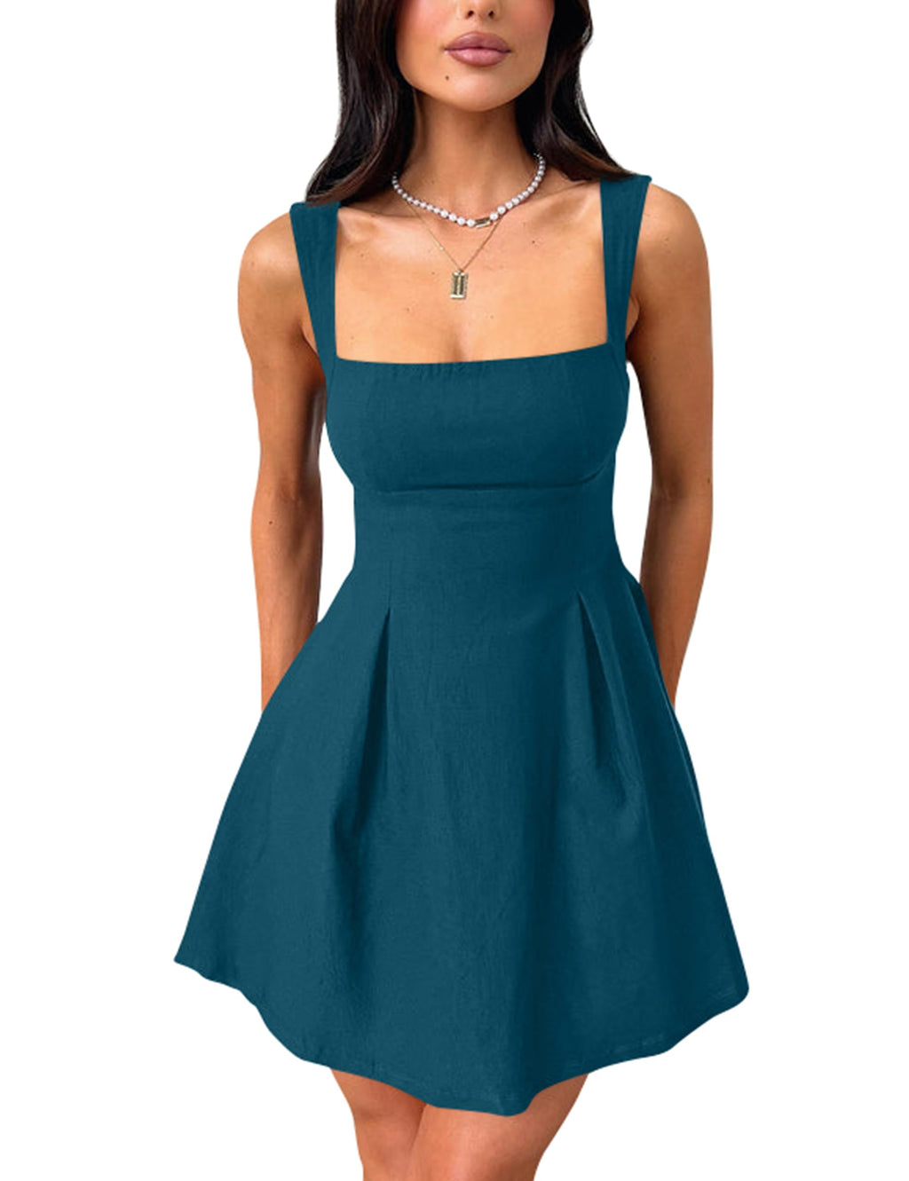 YMDUCH Women's Sexy Sleeveless Square Neck Adjustable Straps Bow Tie A-line Mini Party Club Dress
