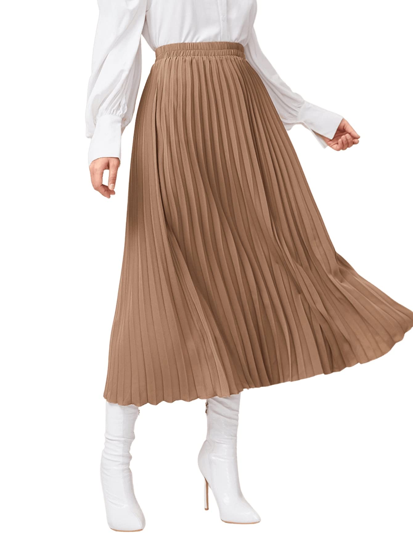SweatyRocks Women's Casual Solid Longline Pleated Long Skirt