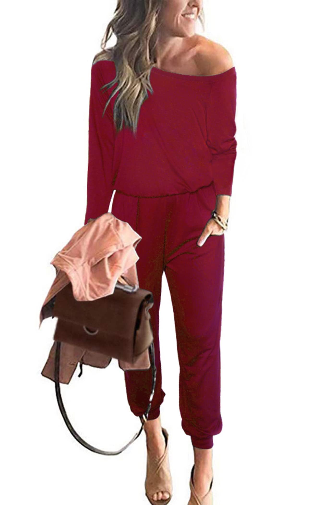 PRETTYGARDEN Jumpsuits for Women Casual 2026 Fall Long Sleeve Off Shoulder Rompers One Piece Travel Outfits Fashion Clothing