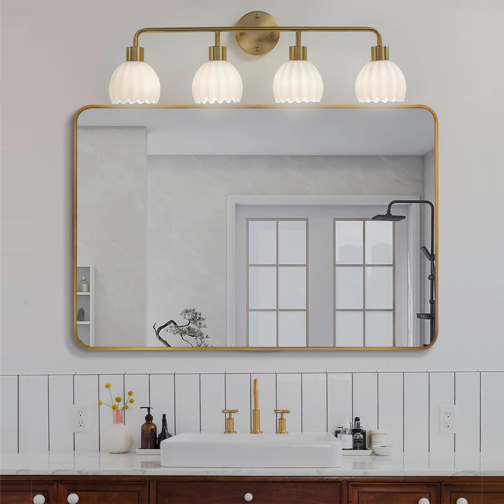 1-Light Gold Brass Bathroom Light Fixture,Wall Sconces set of 2,Brushed Gold Vanlity Light Over Mirror,Bathroom Vanity Light with White Tulip Glass Flower Shade,E26 Socket(Bulbs Not Included)