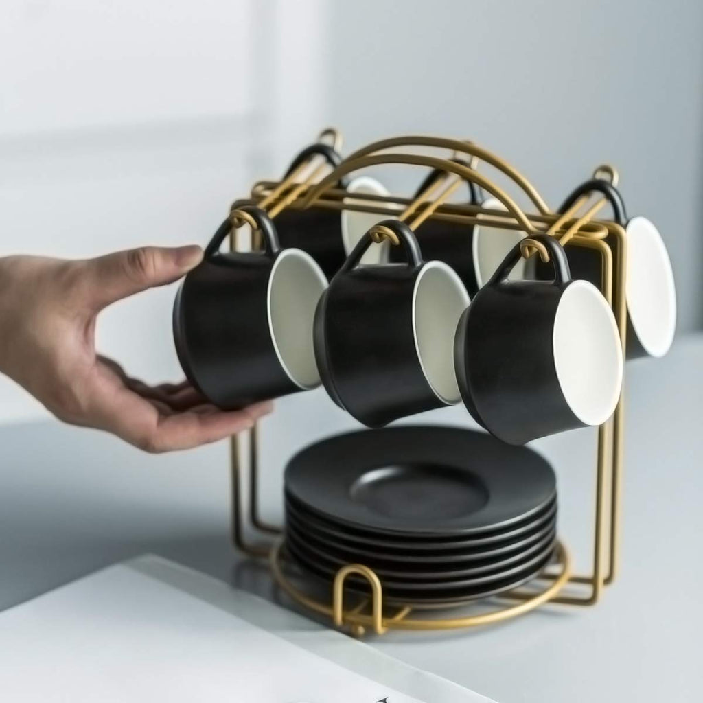 YHOSSEUN Ceramic Espresso Cups Set of 6, 4 OZ Expresso Shots Cup with Stand, Saucers & Spoons, Small Coffee Cup Demitasse Cups for Father's Day, Espresso Accessories for Machine, Black