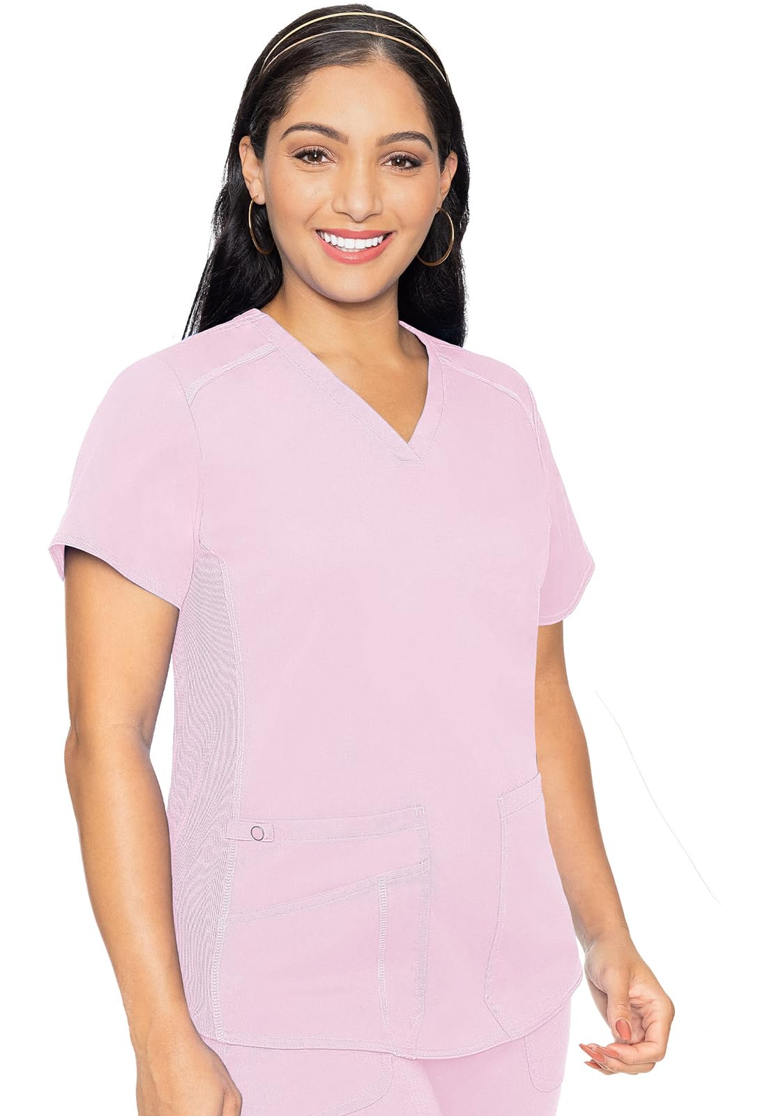 Med Couture V-Neck Scrub Top for Women with 4 Pockets, Rib-Knit Side Panel, and Shirttail Hem MC7459