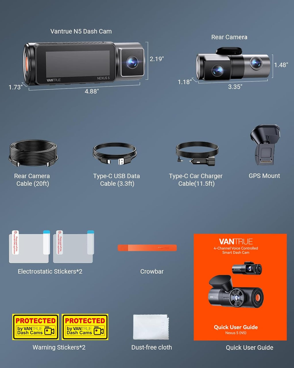 Vantrue N5 4 Channel WiFi 360° All Sides Dash Cam, STARVIS 2, IR Night Vision, 2.7K+1080P*3 Front Rear Inside Dashcam, Voice Control, GPS, 24 Hours Buffered Parking Mode Dash Camera, 512GB Max (N5)