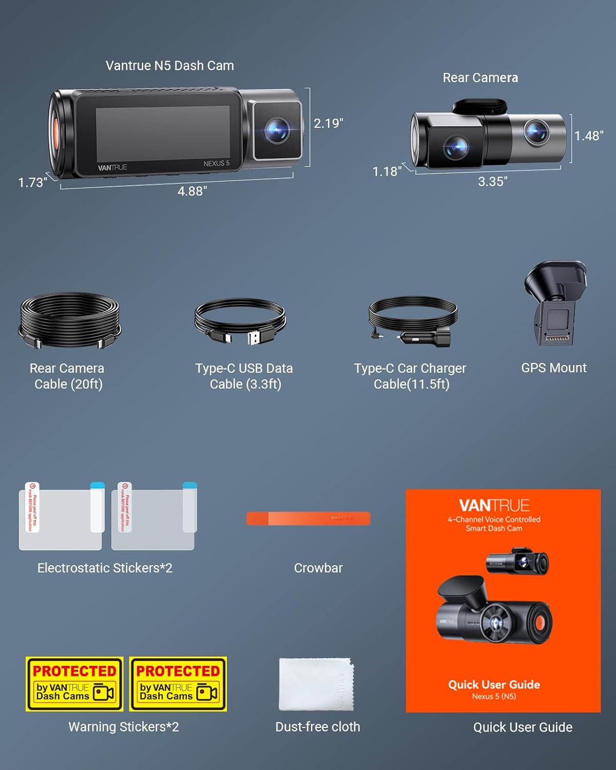 Vantrue N5 4 Channel WiFi 360° All Sides Dash Cam, STARVIS 2, IR Night Vision, 2.7K+1080P*3 Front Rear Inside Dashcam, Voice Control, GPS, 24 Hours Buffered Parking Mode Dash Camera, 512GB Max (N5)