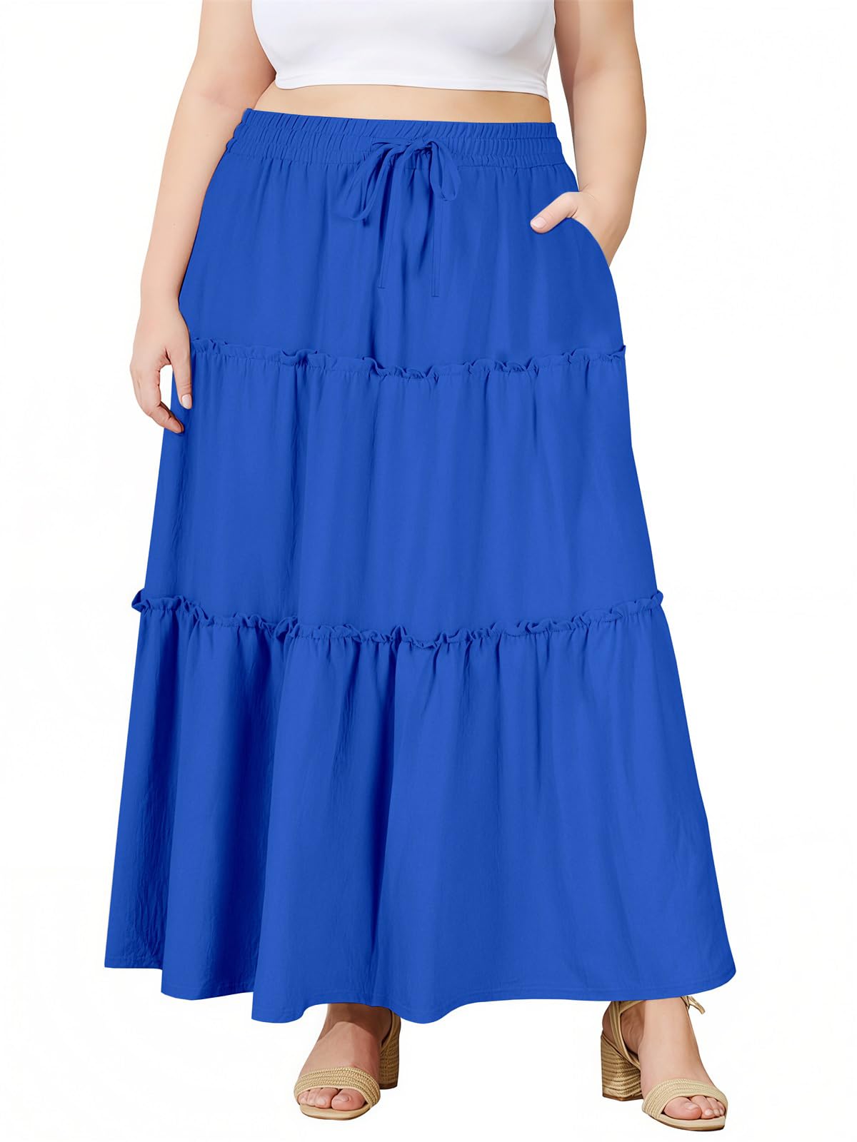 Moon Wood Plus Size Maxi Skirts for Women Trendy Long Flowy Boho Tiered Skirt Renaissance Summer Beach Skirt with Pockets