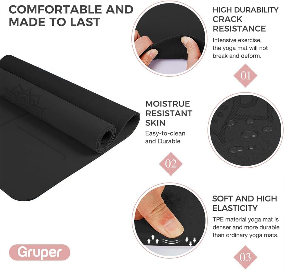 Gruper Yoga Mat Non Slip TPE Extra Wide Yoga Mat with Alignment Mark, 72"L x 32"W x 0.32"/0.24"Th (183cm x 80cm x 8mm/6mm), Anti-Tear Exercise Mat with Carrying Strap and Bag, Workout Mats for Yoga, Pilates