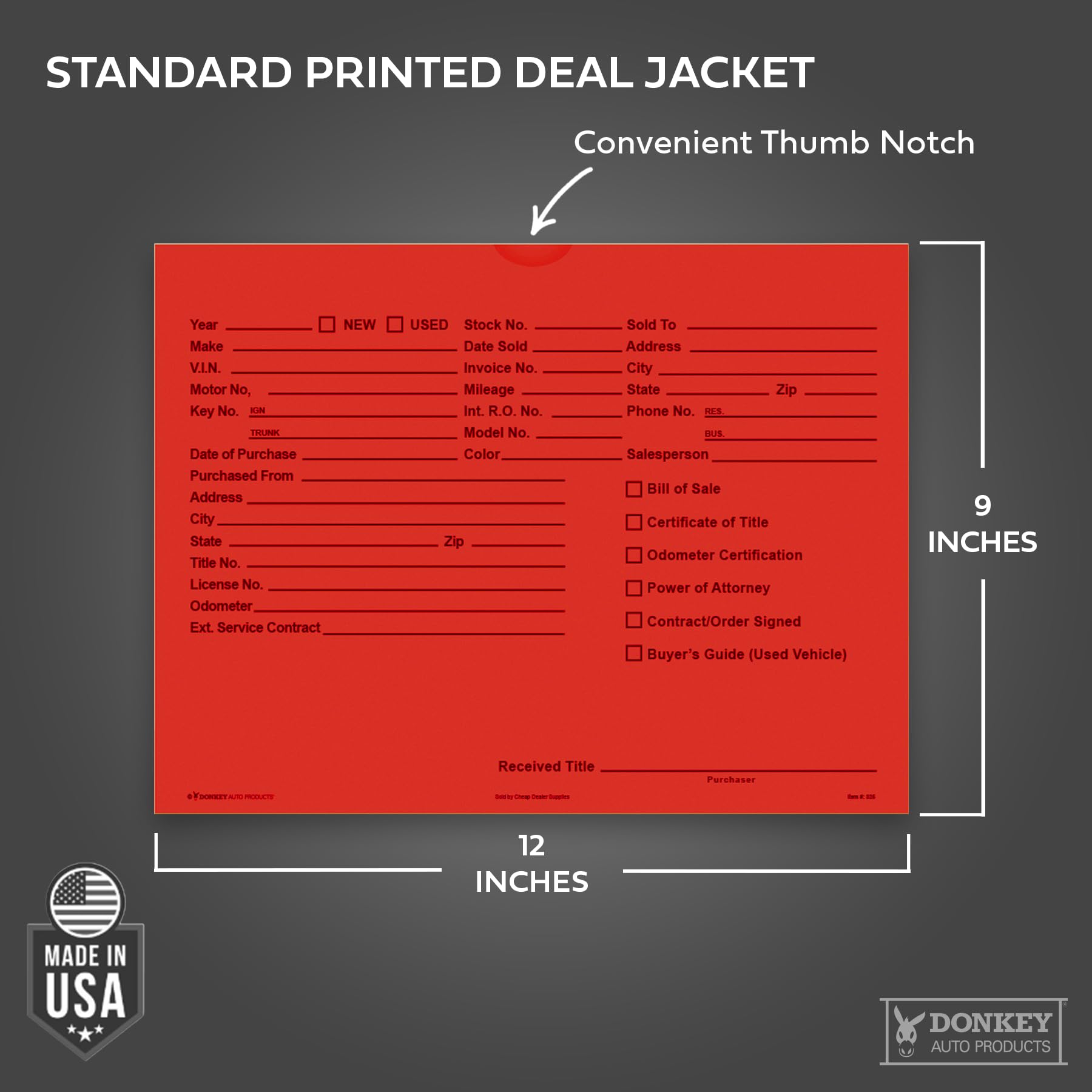 Printed Vehicle Deal Envelopes 9x12 Deal Jackets (100 shrink wrapped) (Blue)