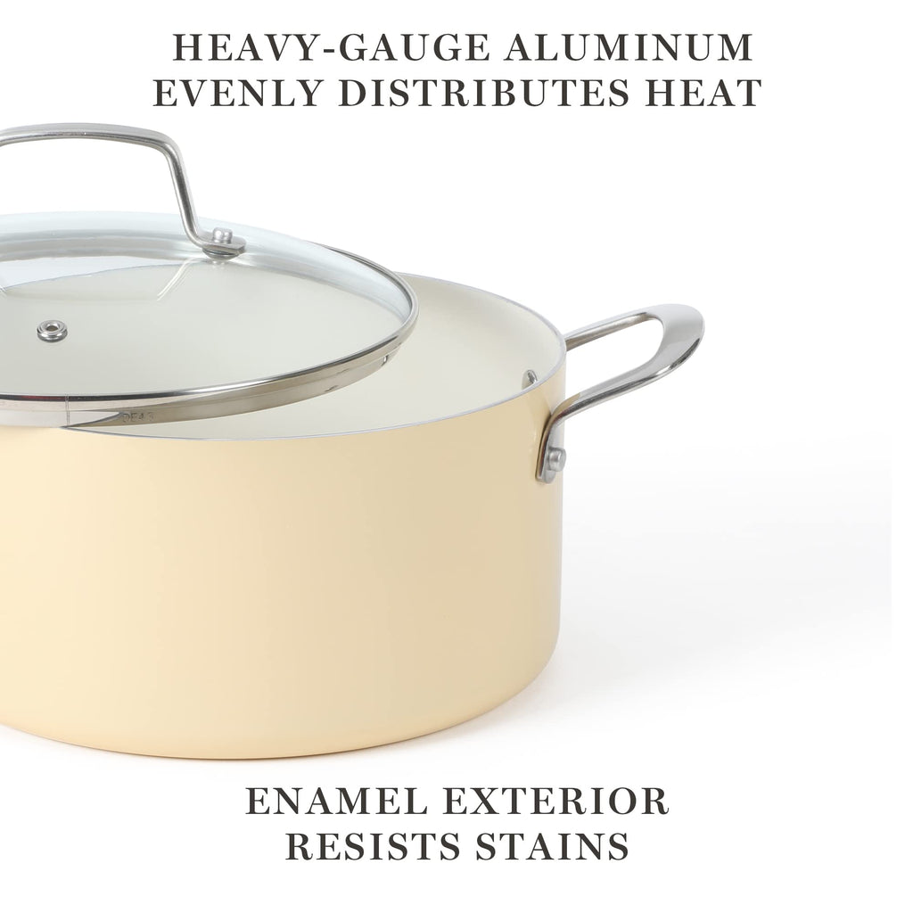 Martha Stewart Lockton Premium Nonstick PFA Free Ceramic Interior 10 Piece Enamel Heavy Gauge Aluminum Pots and Pans Cookware Set - Butter Cream