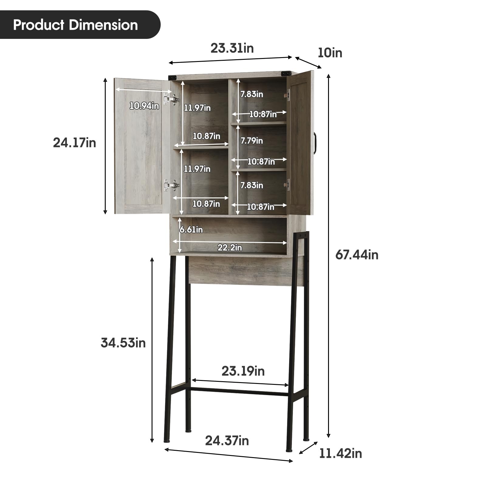 Vabches Over The Toilet Storage Cabinet with 2-Door Design Bathroom Organizers and Storage with Anti-Tip Device Over Toilet Organizer with Shelves for Bathroom,Restroom,Laundry Black