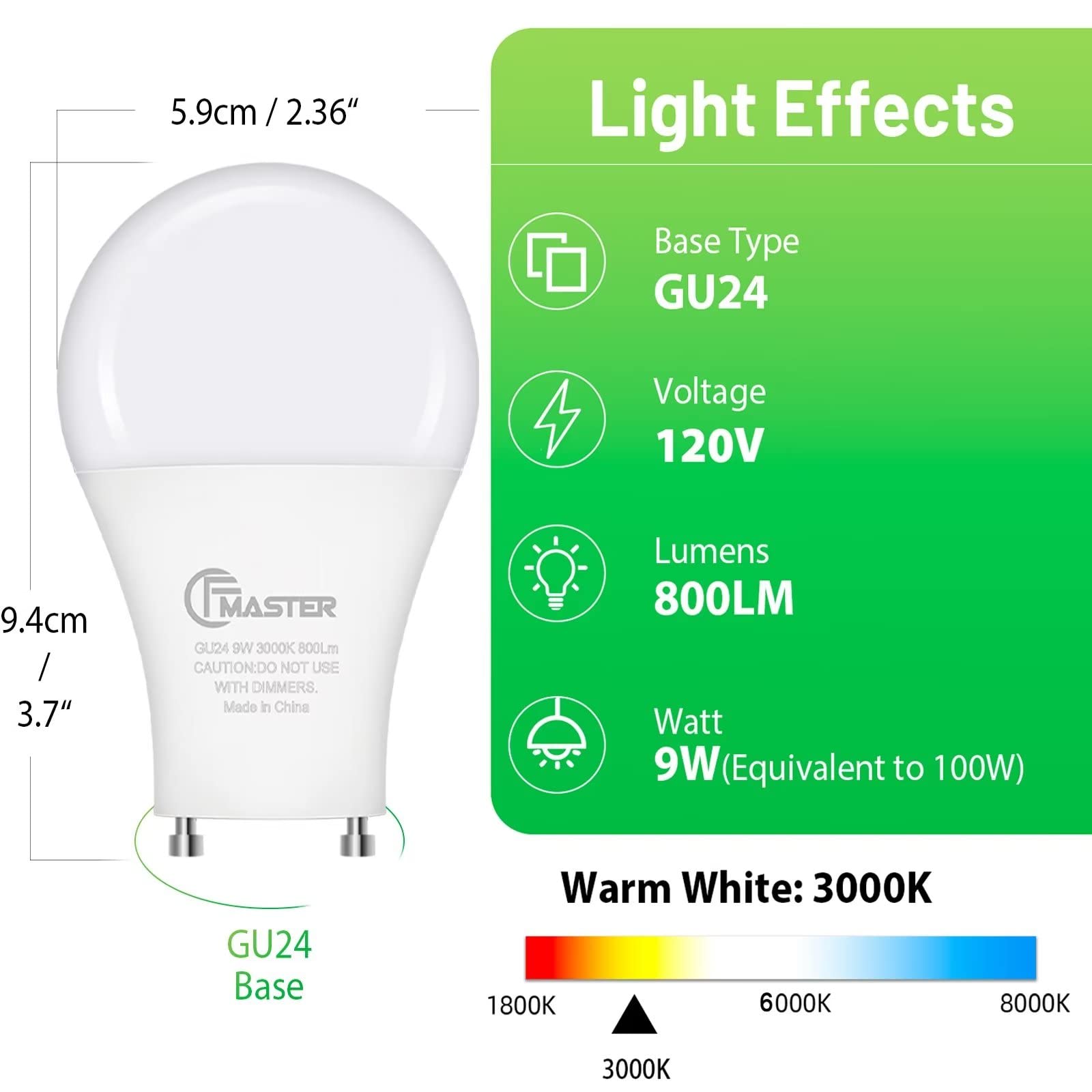 GU24 LED Llight Bulb, 3000K Warm White, 9W(100W Equivalent), 800 Lumens, A19 Shape GU24 LED Bulbs, Twist and Lock GU24 Pin Base with Two Prongs, Non-Dimmable(4-Pack)