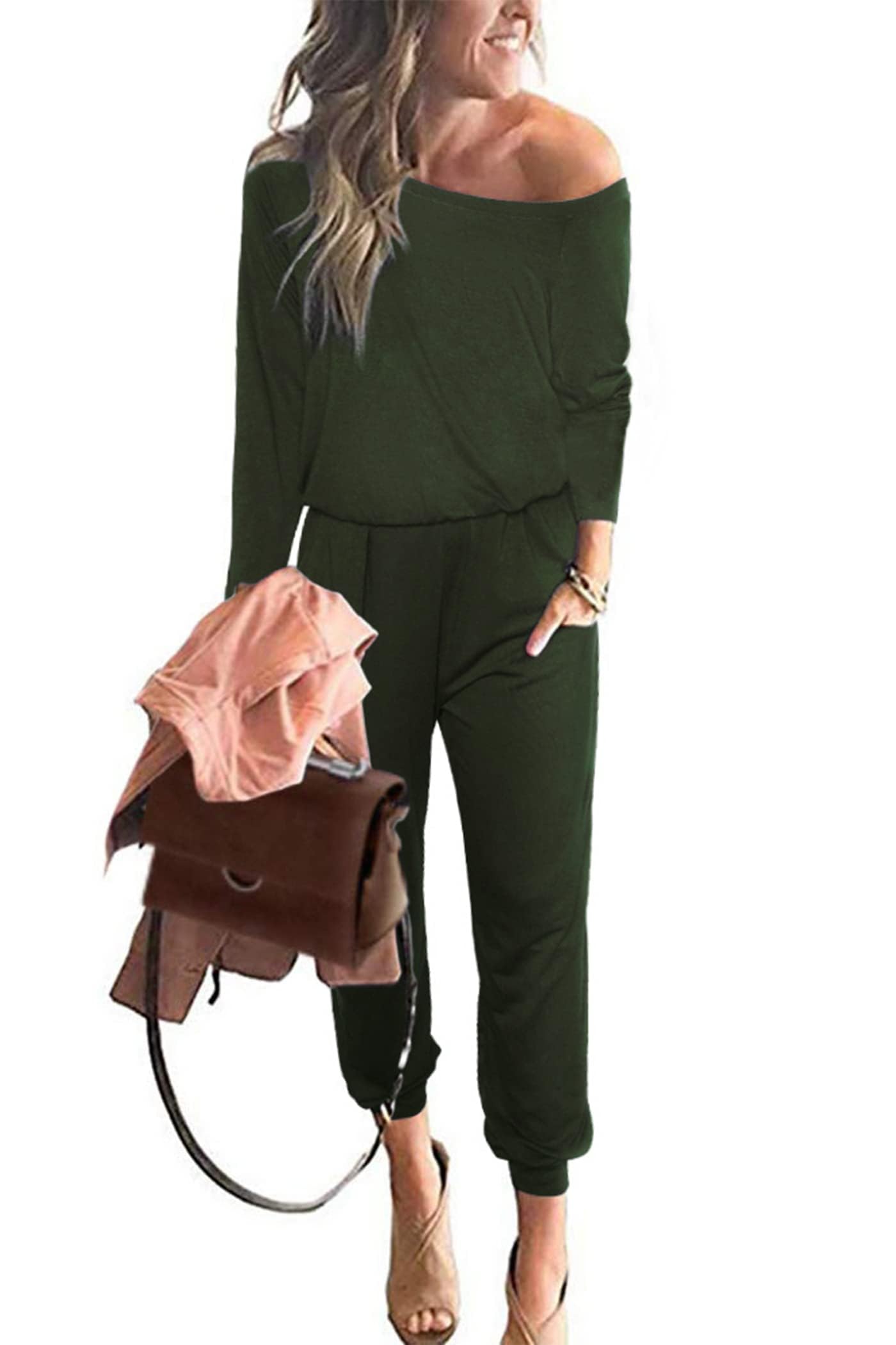PRETTYGARDEN Jumpsuits for Women Casual 2026 Fall Long Sleeve Off Shoulder Rompers One Piece Travel Outfits Fashion Clothing