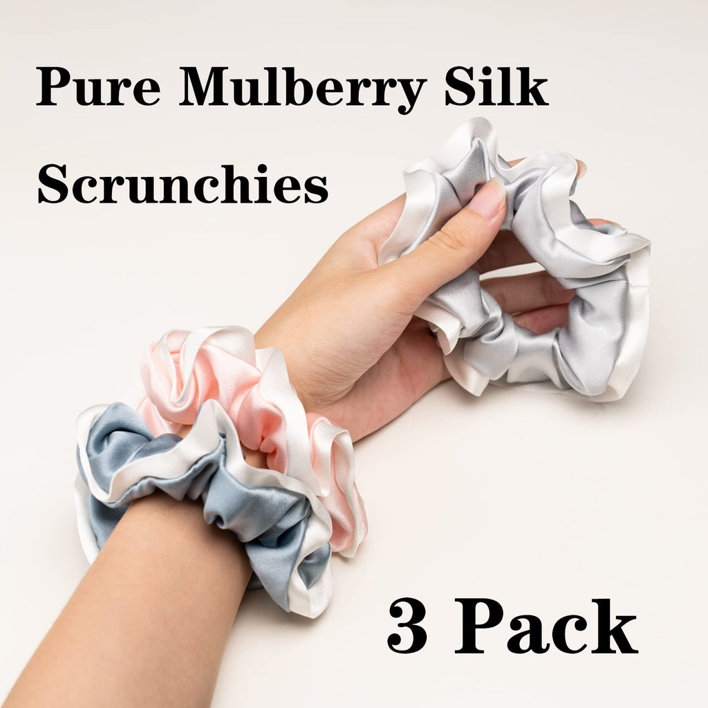 Silk Scrunchies for Hair 100% Mulberry Silk Hair Ties（Silver gray, Dark gray, Pink）