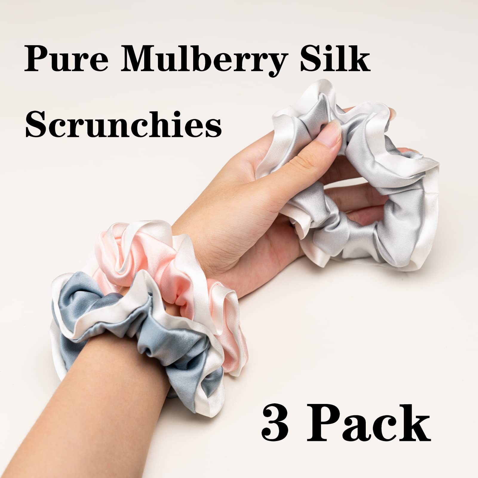 Silk Scrunchies for Hair 100% Mulberry Silk Hair Ties（Silver gray, Dark gray, Pink）