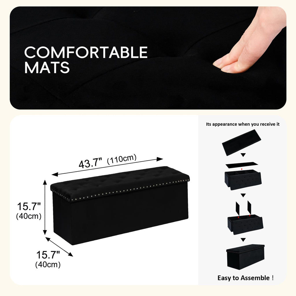 PINPLUS Folding Storage Ottoman Bench, Folding Velvet Tuffed Foot Rest Stool with Rivet, End of Bed Bench Large Long Shoes Chest for Bedroom Entryway Living Room, Beige, 41.3 Inches