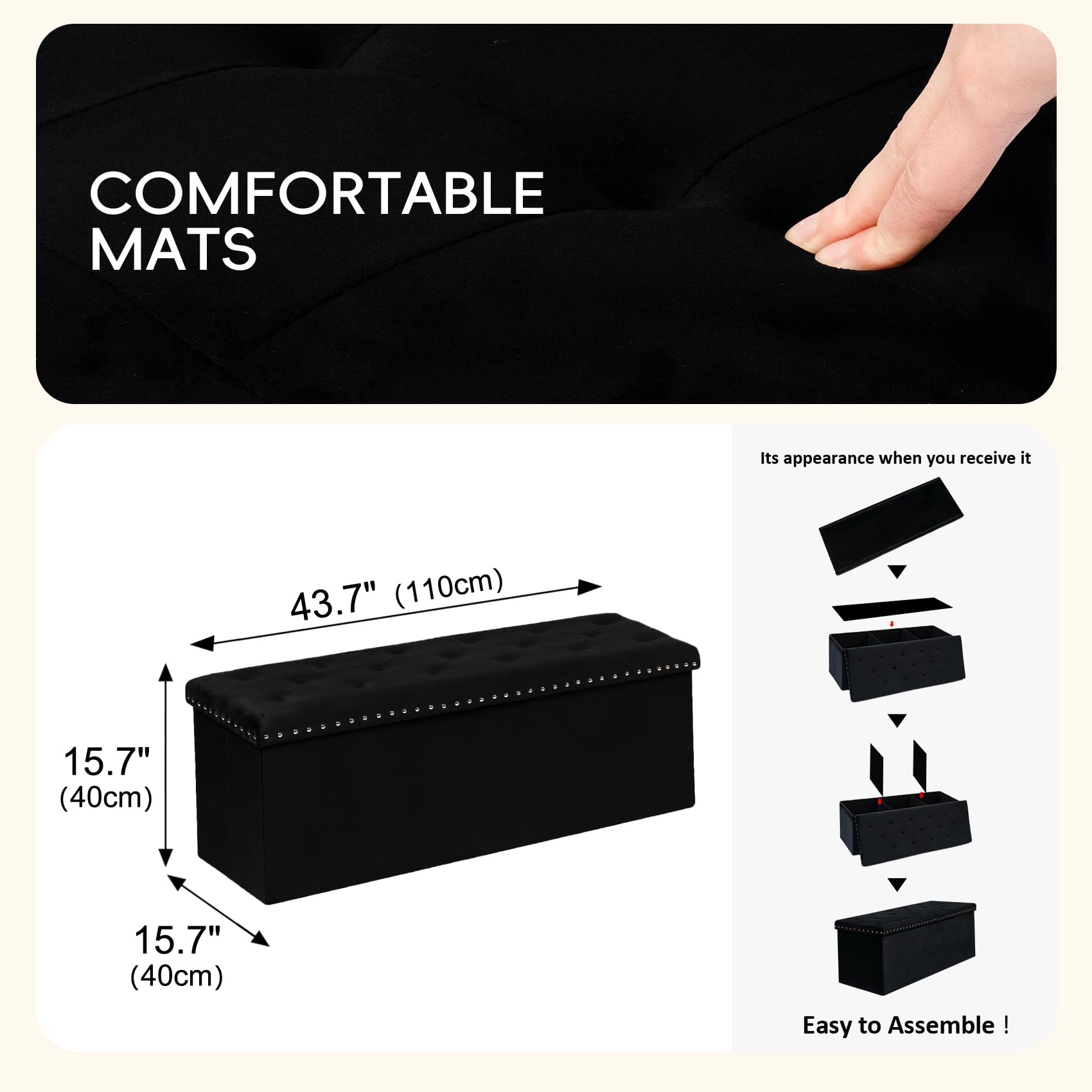 PINPLUS Folding Storage Ottoman Bench, Folding Velvet Tuffed Foot Rest Stool with Rivet, End of Bed Bench Large Long Shoes Chest for Bedroom Entryway Living Room, Beige, 41.3 Inches