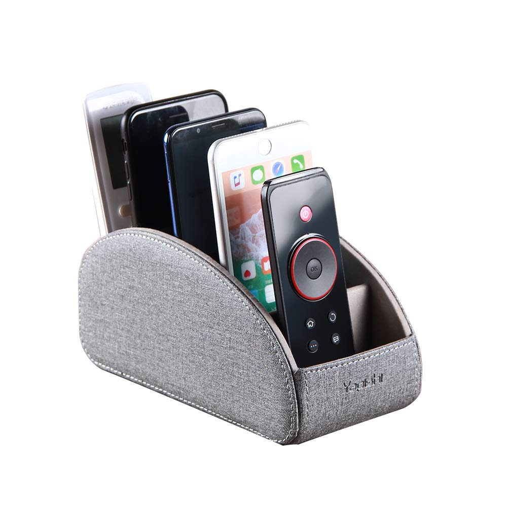 YAPISHI All-in-One Leather Brown TV Remote Holder with 5 Compartments Nightstand Desktop Media Player Remote Caddy Storage Box Organizer Tray for Mobile Office Phone Controller