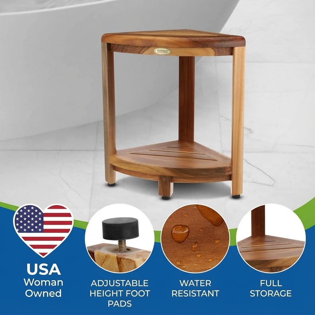 DecoTeak Teak Corner Shower Shelf – 2 Tier Waterproof Bathroom Storage Organizer Compact Wood Storage | Water-Resistant Design | Space Saver for Showers & Small Bathrooms | Shaving Foot Rest