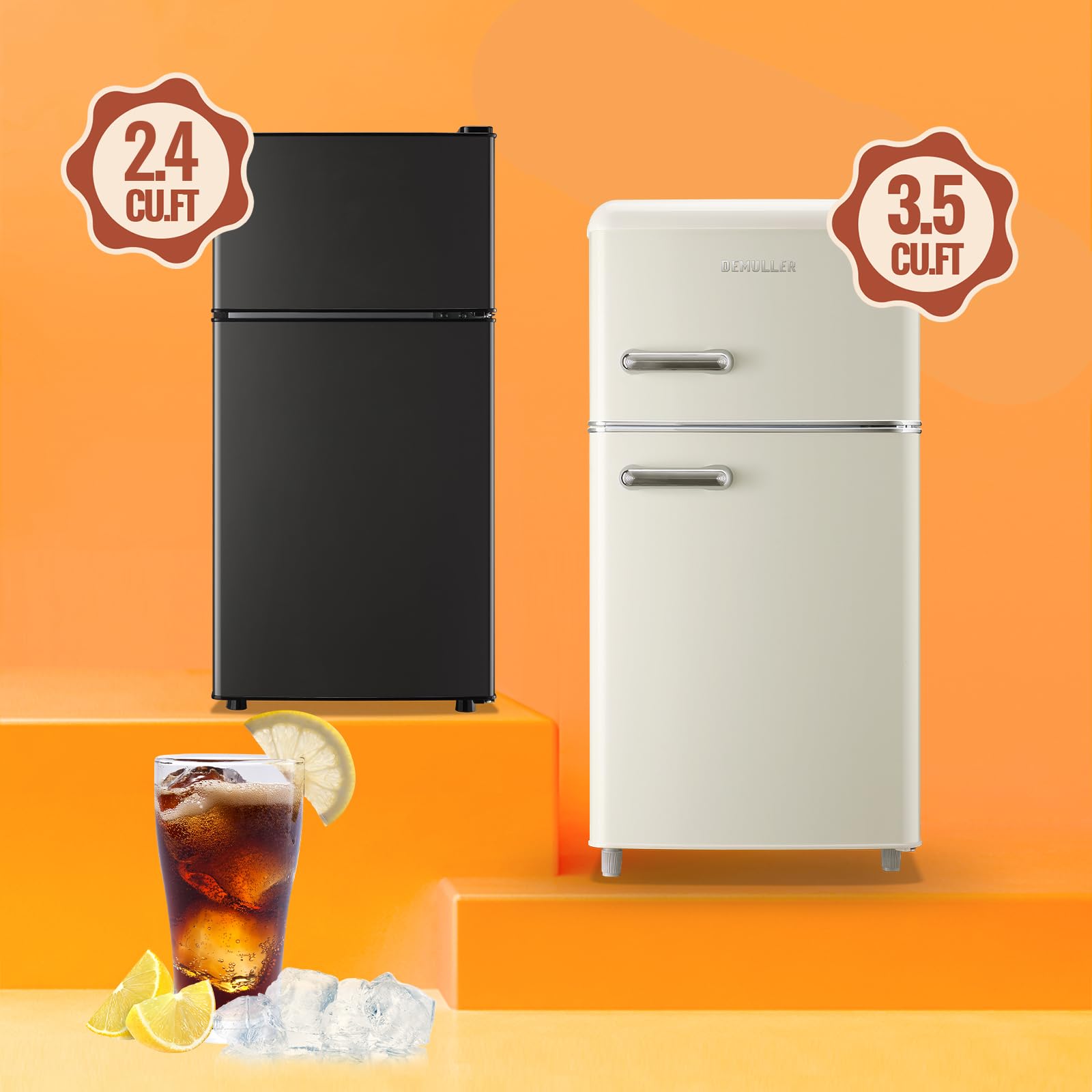 DEMULLER Mini Fridge with Double Doors Small Refrigerator with Separate Freezer & 7 Adjustable Temperature Control, Tiny Size & Personal Fridge Ideal for Office Apartment Dorm Black