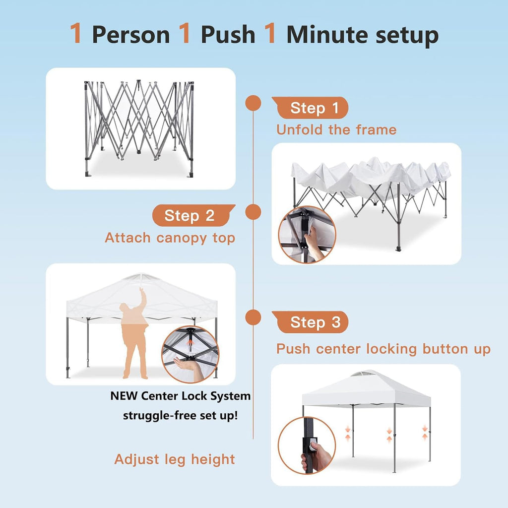 Amada 10x10ft 1-Person Setup Pop Up Canopy Tent - Easy Outdoor Sun Shade for Events, Parties, Camping, Gazebo with Wheel Cover Bag, Beach Tent with 3-Speed Adjustable Height,White