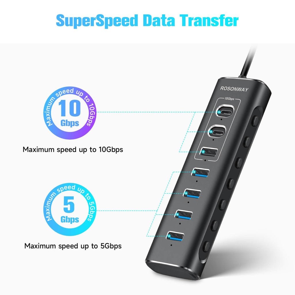 USB Hub 3.0 Powered Rosonway Aluminum 7 Ports USB 3.0 Data Hub Splitter with 24W (12V/2A) Power Adapter and Individual On/Off Switches USB Port Expander for PC and Laptop (RSH-A37S)
