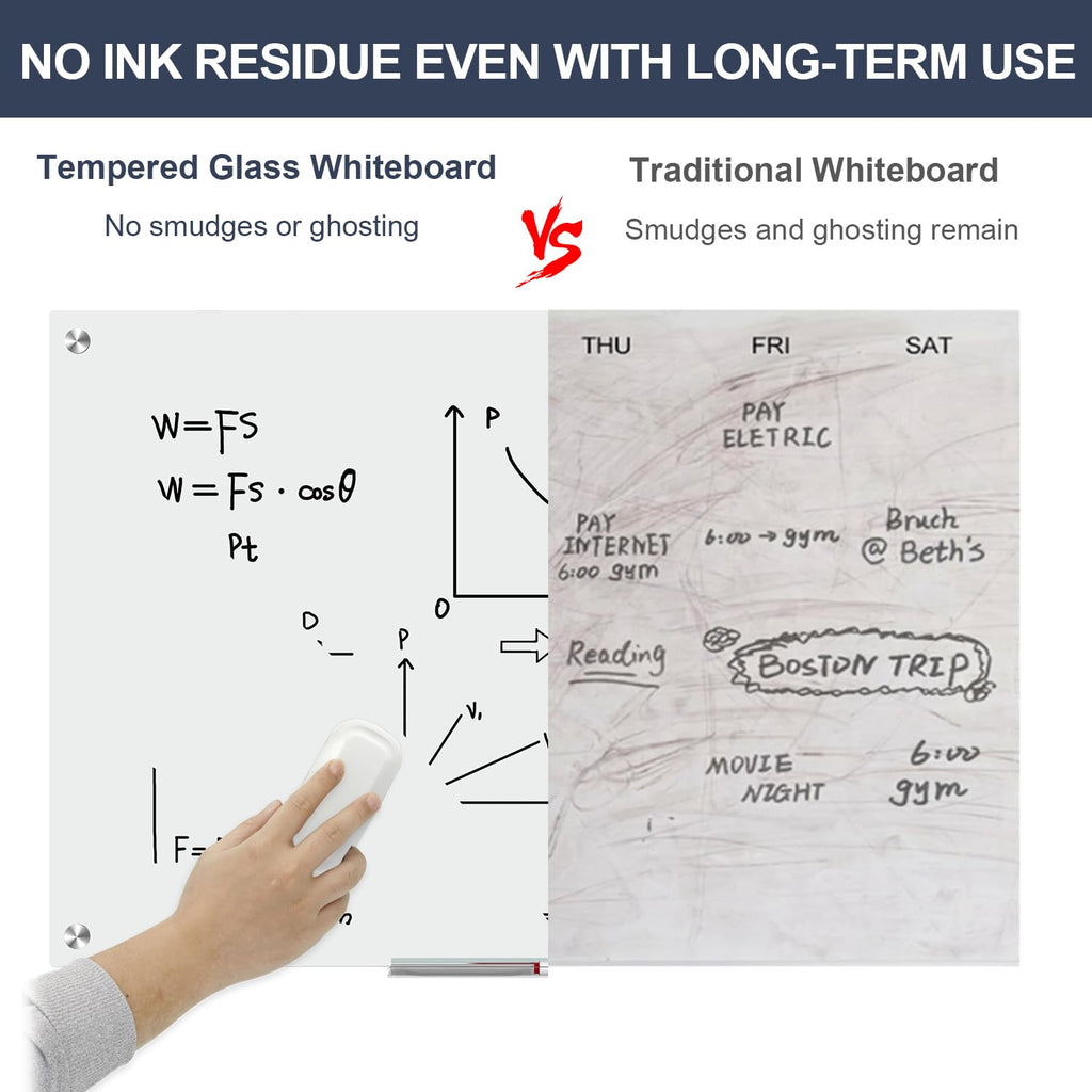 Dry Erase Board Black Magnetic Glass Whiteboard, TANKEE Modern Large Frameless Tempered Glass White Board for Wall, Office, School, Home, 36” x 24”, 3' x 2' White Board