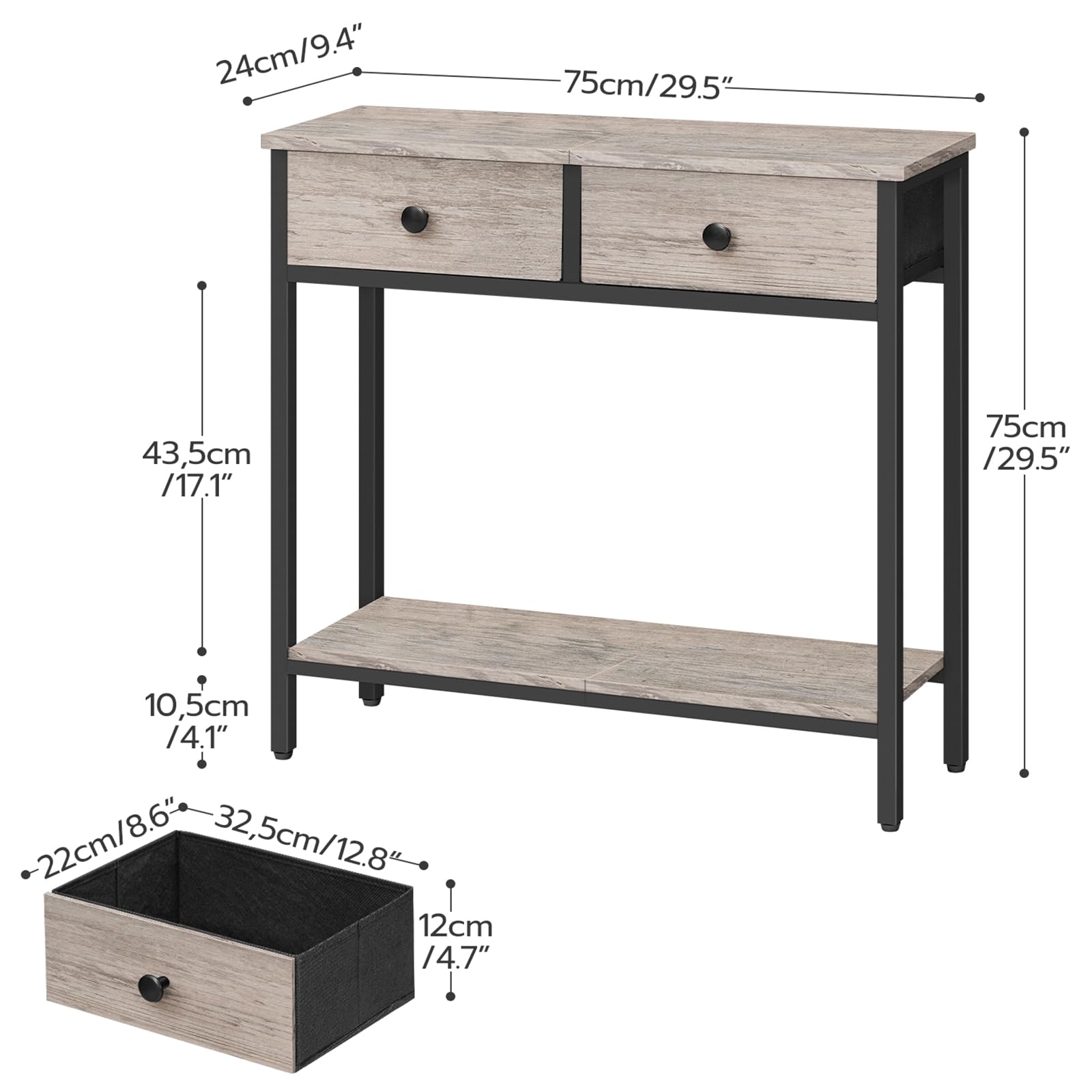 HOOBRO 29.5" Narrow Console Table with 2 Fabric Drawers, Small Entryway Table with 2-Tier Storage Shelves, Sofa Table, Behind Couch Table, for Living Room, Hallway, Black BB71XG01