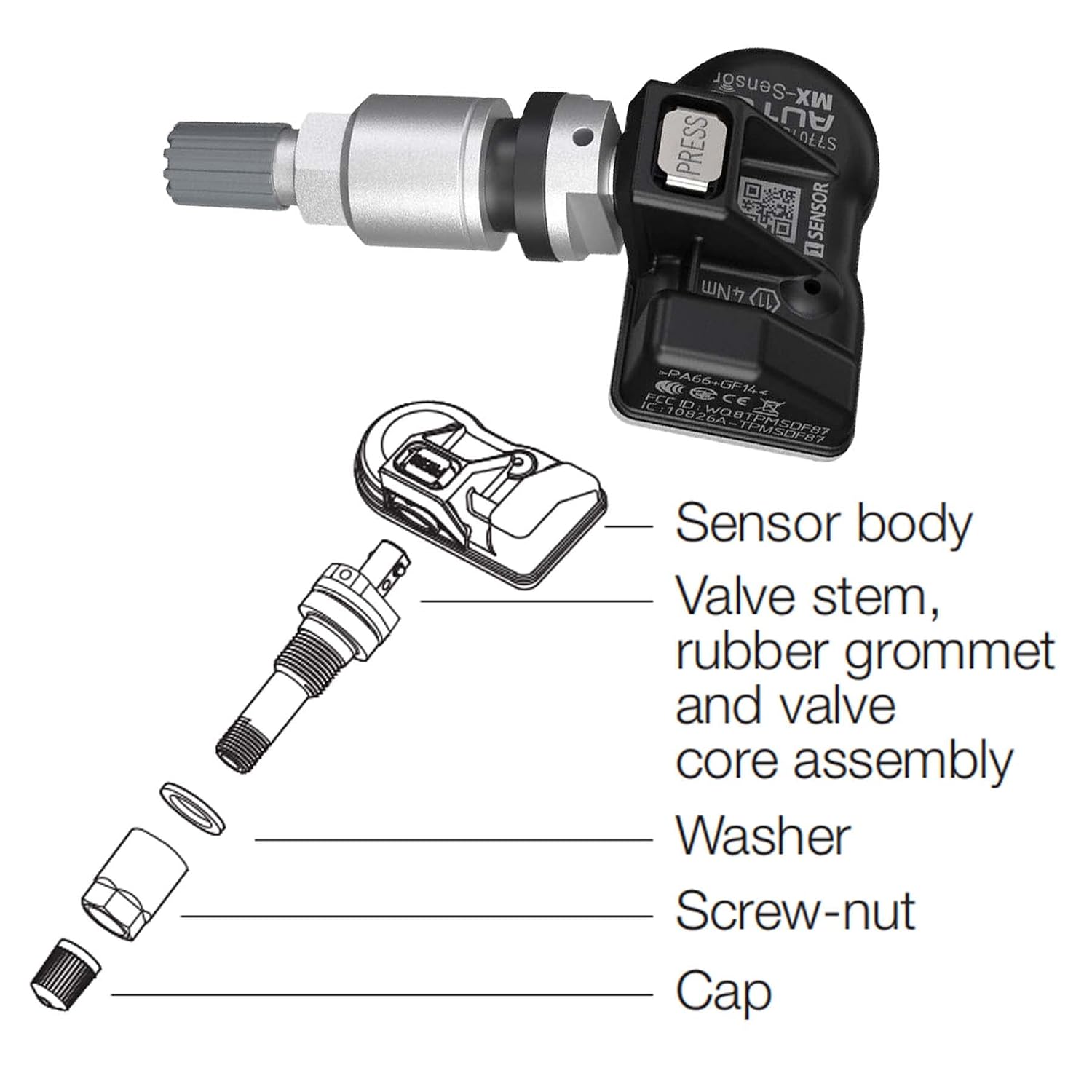 Autel TPMS Sensors Set of 4, Programmable Mx Sensor for Tire Pressure,315MHz + 433MHz Press-in OE-Level(Metal valves) Programmed by TS408S TS508WF TS601 TS900 MS906TS ITS600