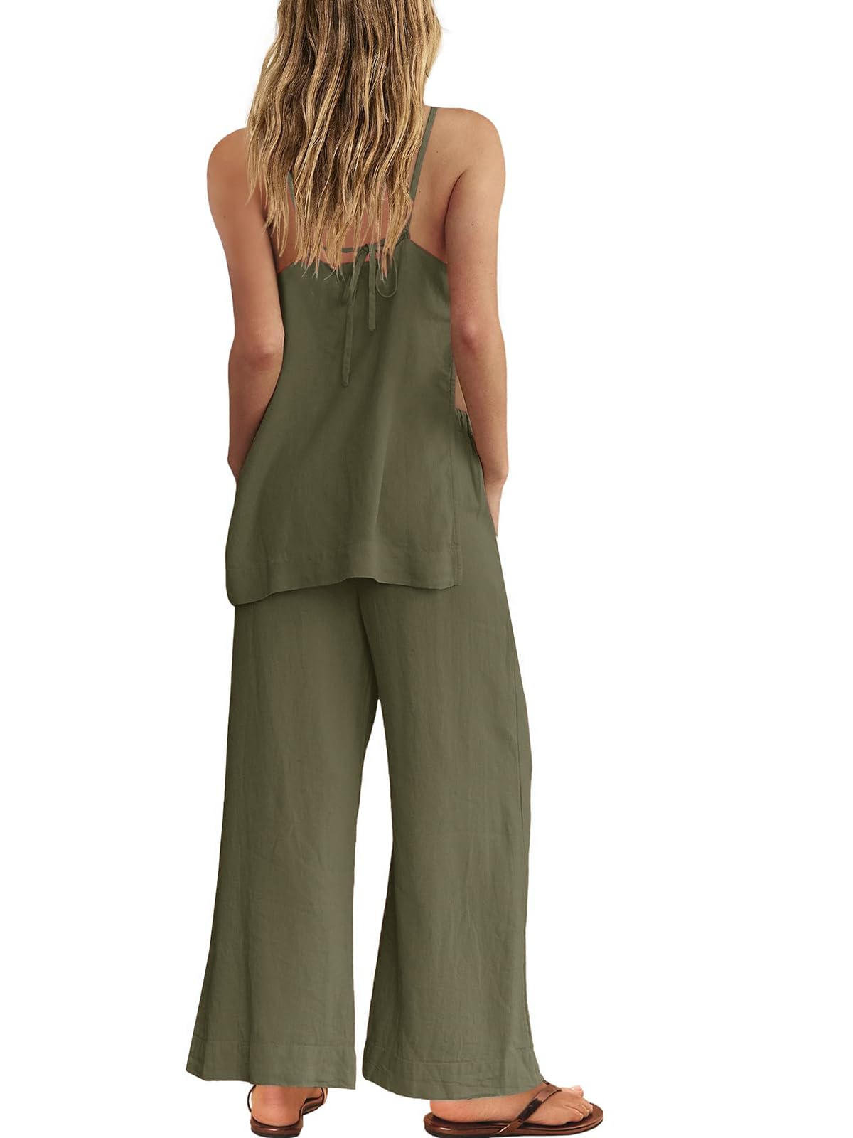 Dokuritu Linen Sets for Women 2 Piece Summer Spaghetti Strap Top Wide Leg Pant Set Beach Vacation Travel Outfits with Pockets