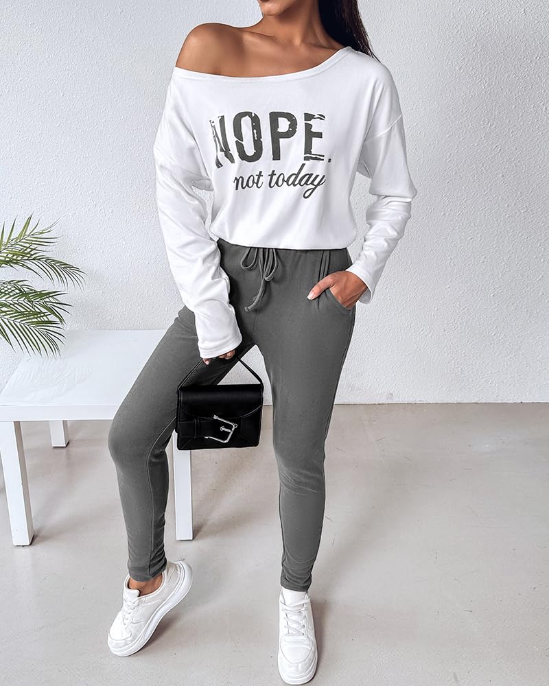 CHICME Women Tracksuit Fall 2 piece Outfits Off The Shoulder Long Sleeve Tops and Pants Set Travel Outfits