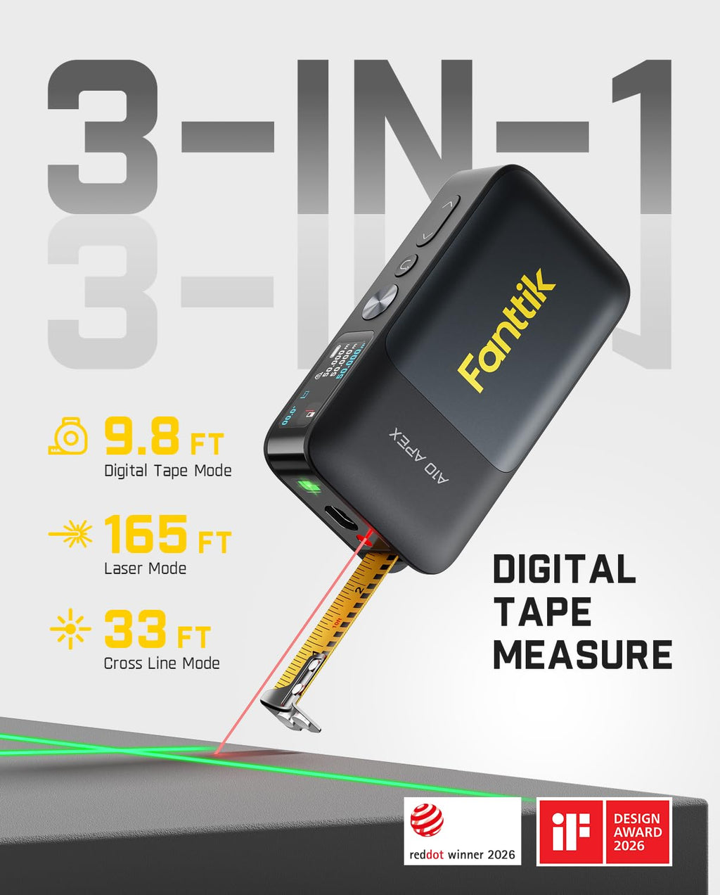 Fanttik A10 Apex 3-in-1 Digital Laser Tape Measure with HD Color Display, 165Ft Rechargeable Laser Measurement & 32Ft Green Cross Line Laser & 9.8Ft Tape, 6 Units, for Distance/Area/Volume/Leveling