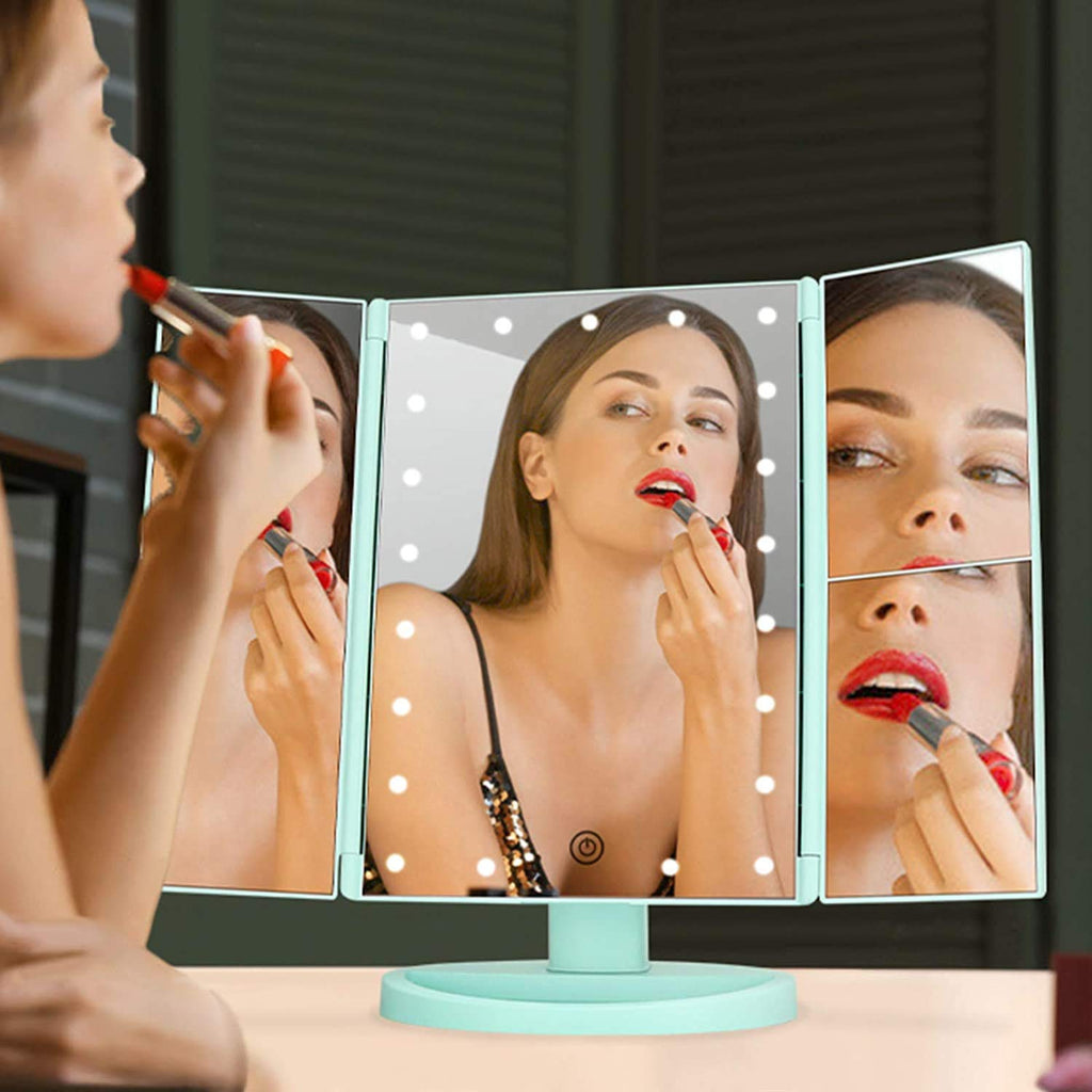 Flymiro Tri-fold Lighted Vanity Makeup Mirror with 3x/2x Magnification,Light up Mirror for Makeup,Touch Screen 21 LEDs,180° Rotation Countertop Cosmetic Mirror,Gifts for Women Mom Teen Girls
