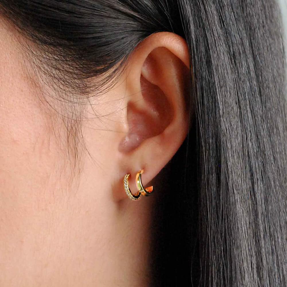 Obidos 14K Gold Plated Illusion Stud Earrings for Women | Triple Huggie Hoop Earrings for One Hole| Trendy Simple Hypoallergenic Fashion Accessories Gold Jewelry Gifts for Womens