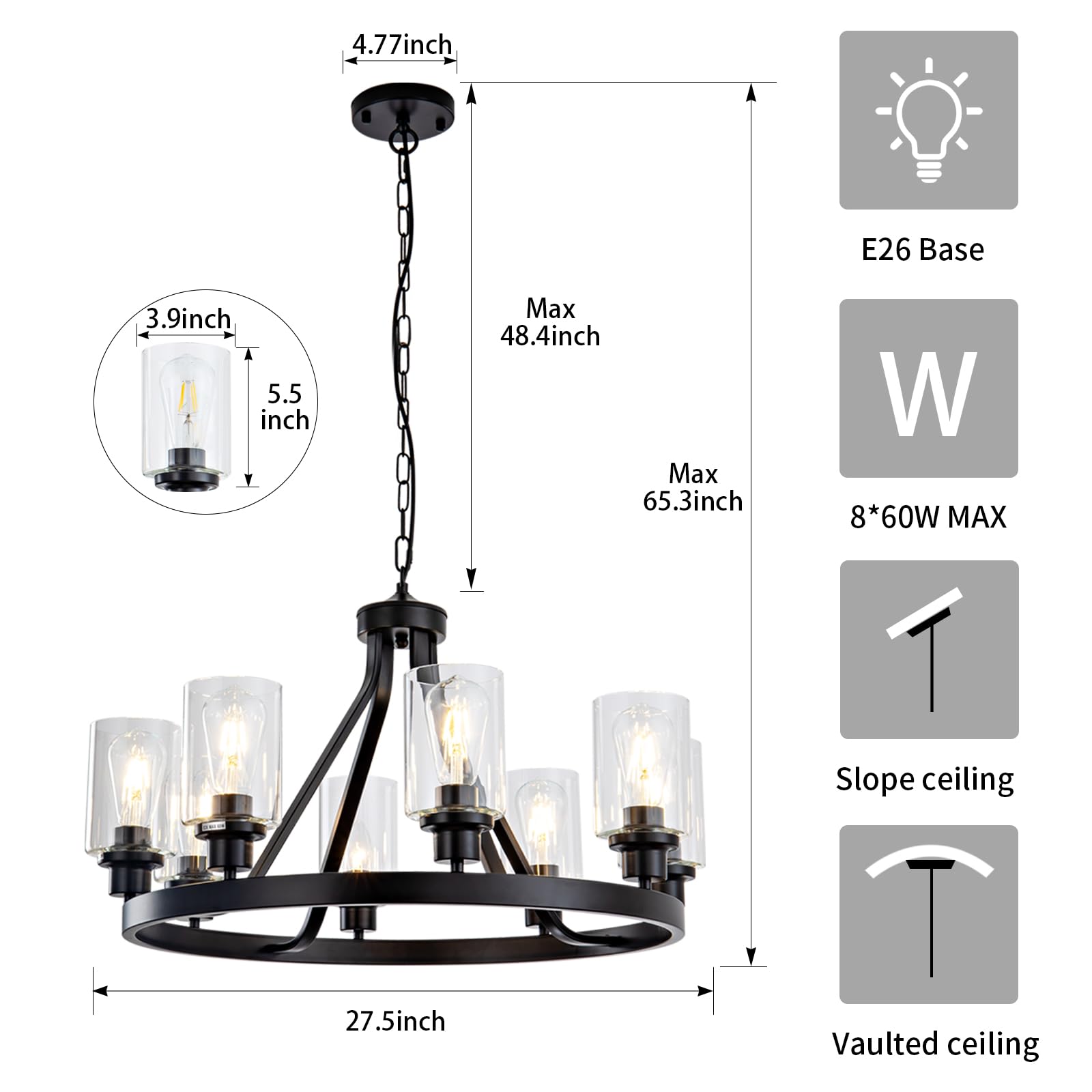 Lanhall 6-Light Modern Dining Room Light Fixture Brushed Nickel Kitchen Chandelier Ceiling Hanging Pendant Lighting with Glass Shade for Living Room Bedroom Entryway Adjustable Height Metal E26