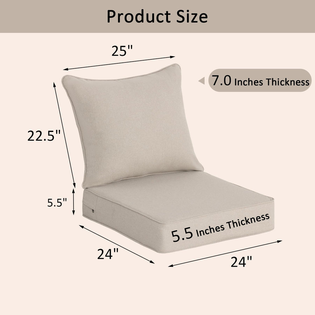 COZYVIDA 5.1" Thick Outdoor Patio Cushions Set of 2, 22"x24"x5.1" Seat, C0 Water-Resistant Breathable Fabric, UV-Resistant 1000+ Hrs, 35D Foam with Recycled Fiber Fill,Beige