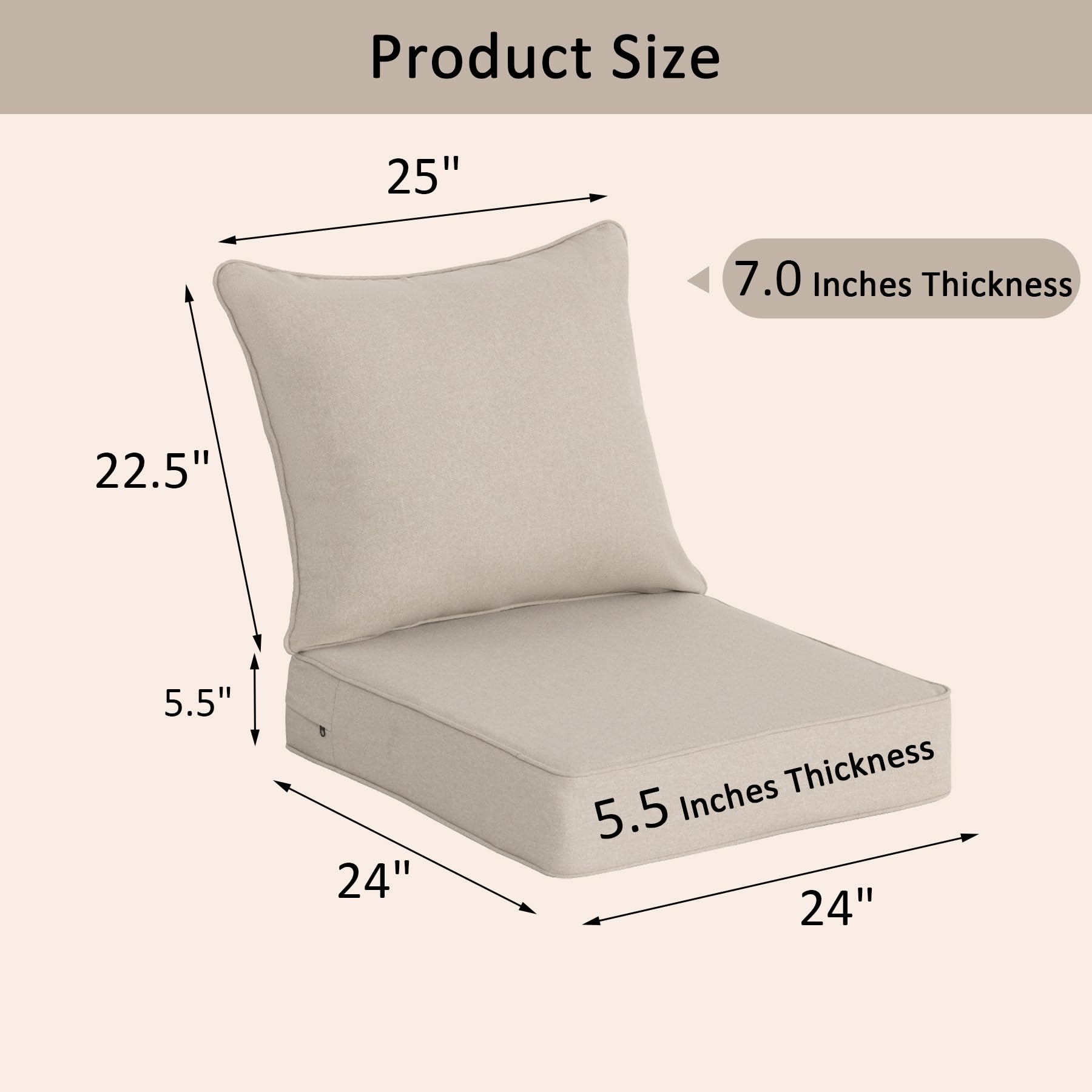 COZYVIDA 5.1" Thick Outdoor Patio Cushions Set of 2, 22"x24"x5.1" Seat, C0 Water-Resistant Breathable Fabric, UV-Resistant 1000+ Hrs, 35D Foam with Recycled Fiber Fill,Beige