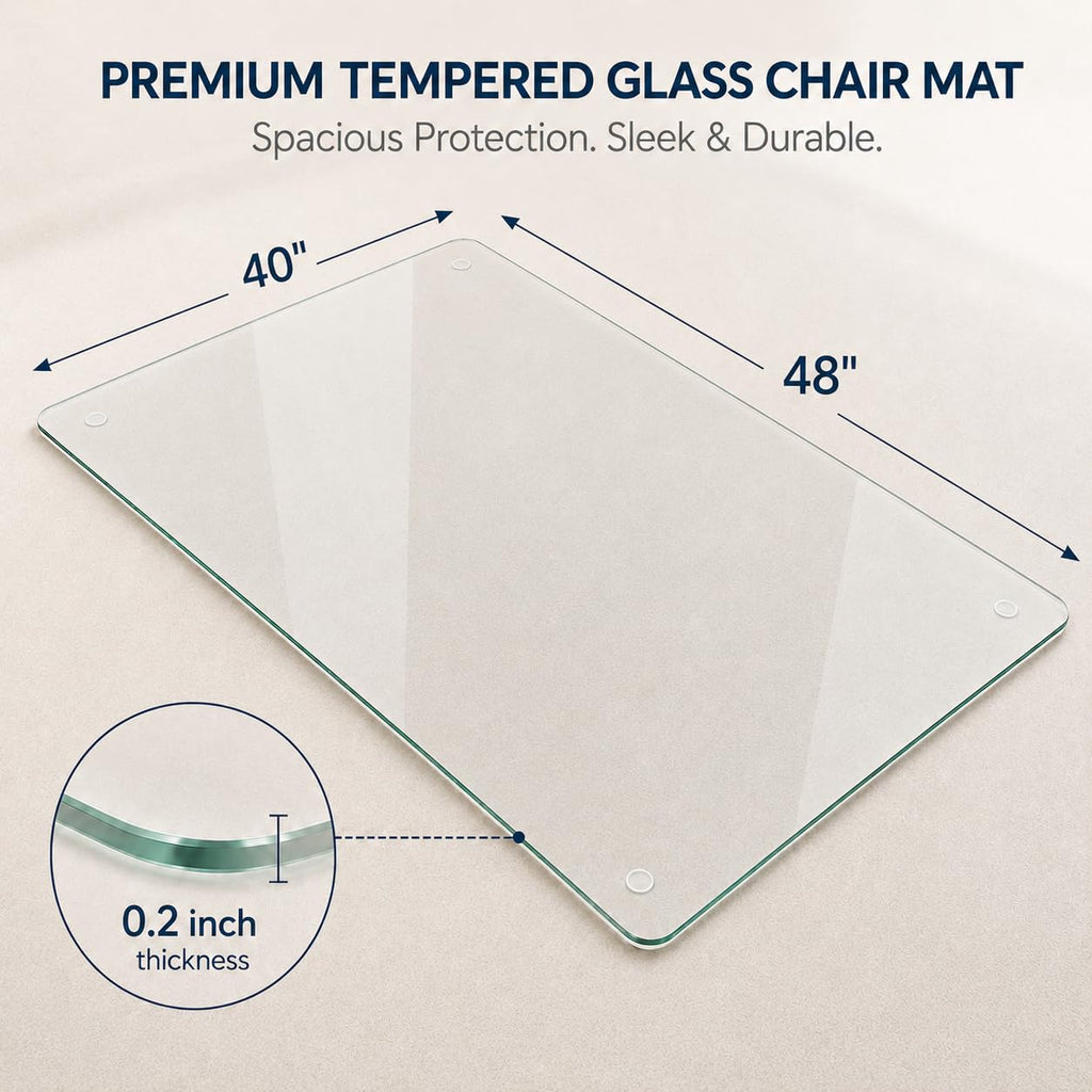 Tempered Glass Chair Mat 48" x 32",1/5" Thick for Office Desk,Rolling Chair Mat for Carpet, Odorless, Easy to Clean with 4 Non-Slip Pads for Carpet & Hardwood Floors