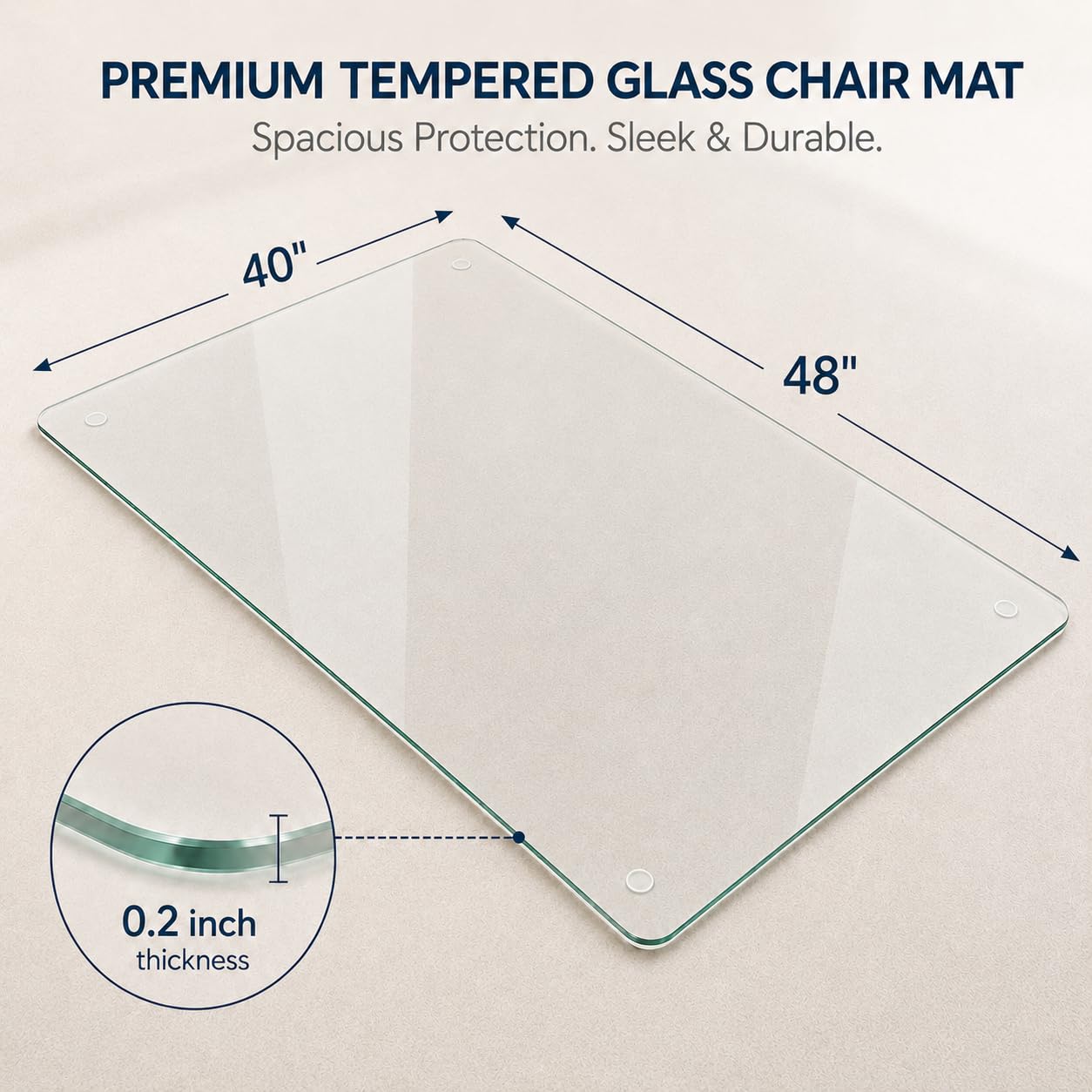 Tempered Glass Chair Mat 48" x 32",1/5" Thick for Office Desk,Rolling Chair Mat for Carpet, Odorless, Easy to Clean with 4 Non-Slip Pads for Carpet & Hardwood Floors