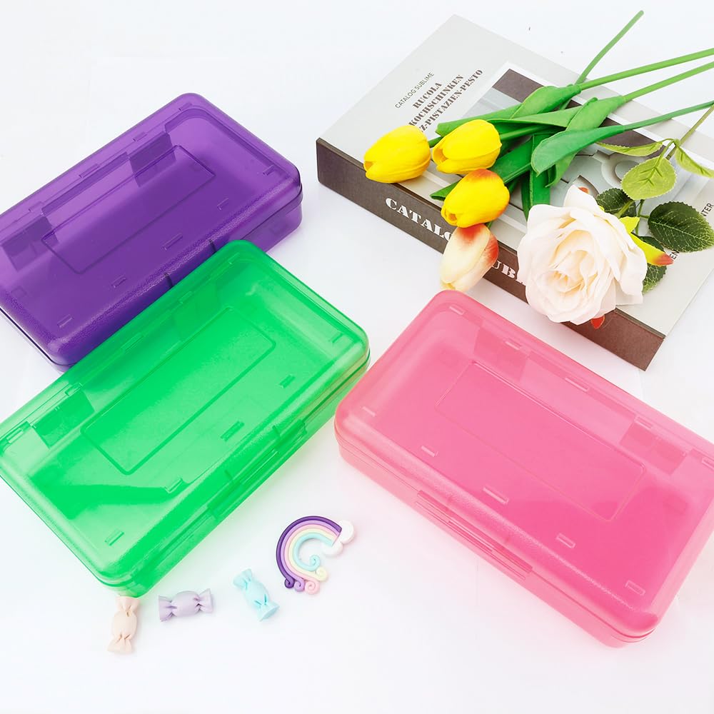 Pencil Case, Pencil Box, Clear Pencil Case, 3 Pack Plastic Pencil Case, Large Capacity Pencil Case, Crayon Box with Snap-tight Lid Stackable Design, Plastic Storage Box for School Office Supplies