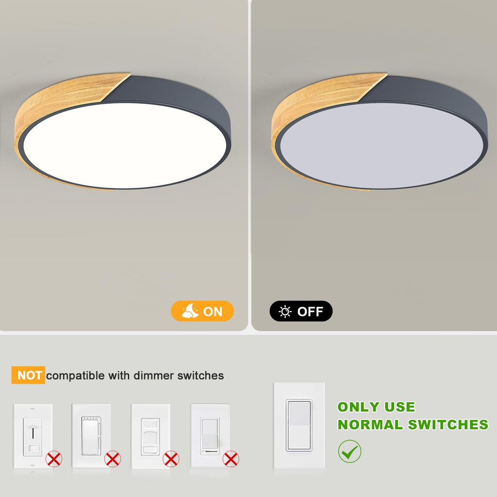 Modern LED Ceiling Light, Minimalist Wood Dimmable Flush Mount Ceiling Light Fixture, Round 5CCT Lighting Lamp with Acrylic Lampshade for Bedroom Hallway Kitchen Laundry, Black 11.8"