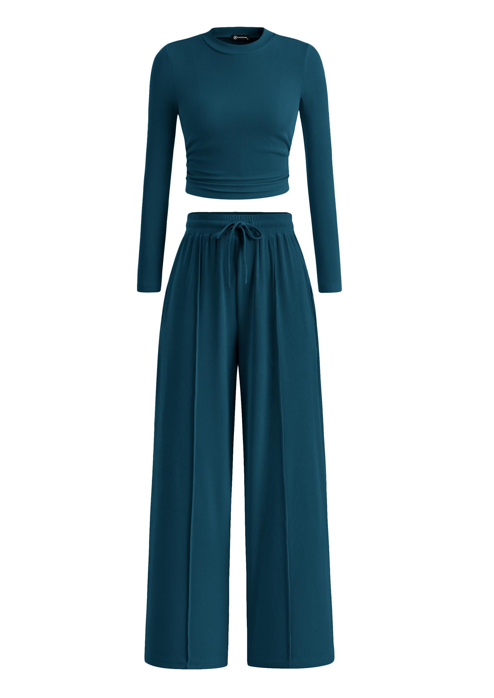 PRETTYGARDEN Women's 2 Piece Sets 2026 Fall Long Sleeve Crop Tops Wide Leg Pants Matching Outfit Tracksuits Spring Clothes