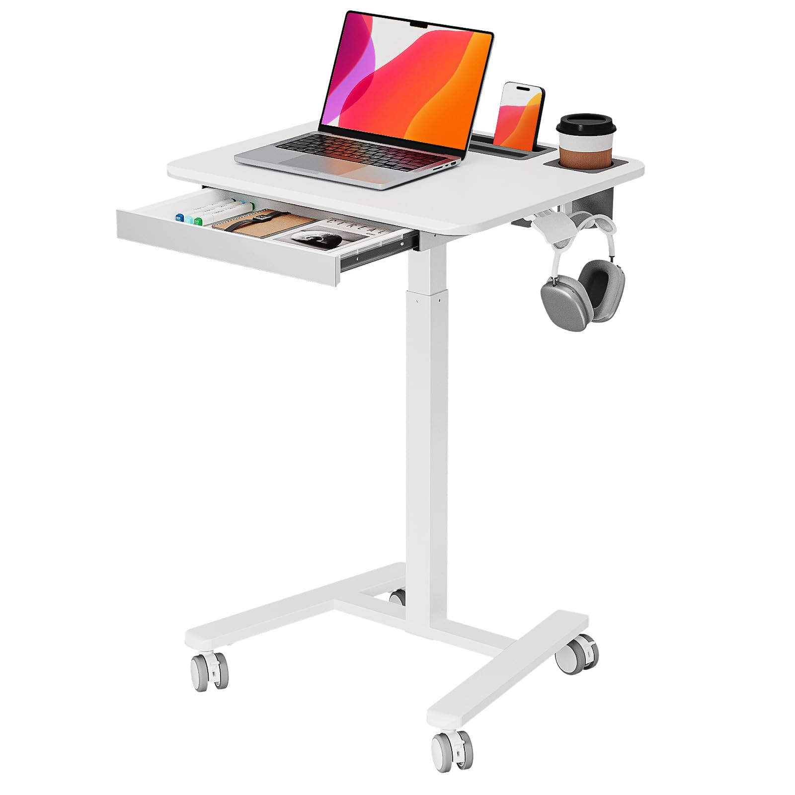 Small Mobile Standing Desk with Drawer, 23.6"x19.7" Rolling Laptop Cart on Wheels, Height Adjustable Sit Stand Computer Workstation with Storage for Compact Space, Black