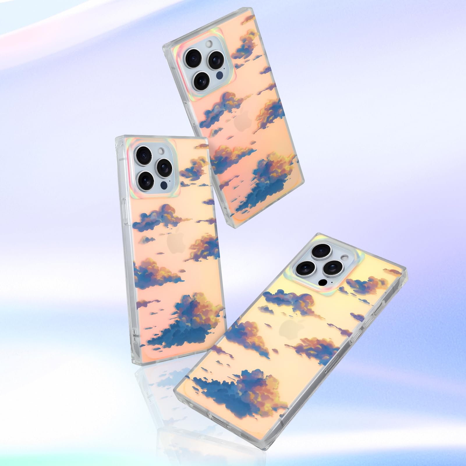 Cute Case for iPhone 13 Pro Case for Women Girls with Iridescent Cloud Pattern Design, Aesthetic Trendy Girly Matte Glitter Sparkly Rainbow Rectangle Protective Phone Cover, Sun Set Sky