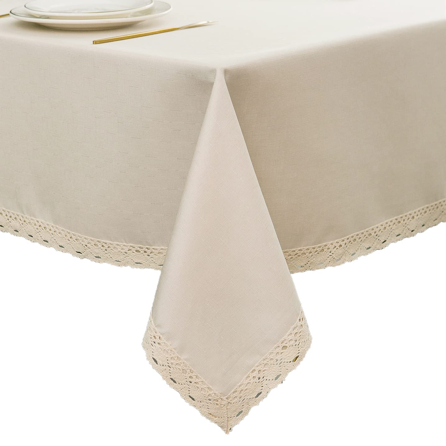EHouseHome Faux Linen Tablecloth with Lace Trim - Waterproof/Spill Proof/Stain Resistant/Wrinkle Free/Oil Proof - for Banquet, Parties,Dinner,Kitchen,Wedding,Holiday,Blue Fog,Square 52X52Inch