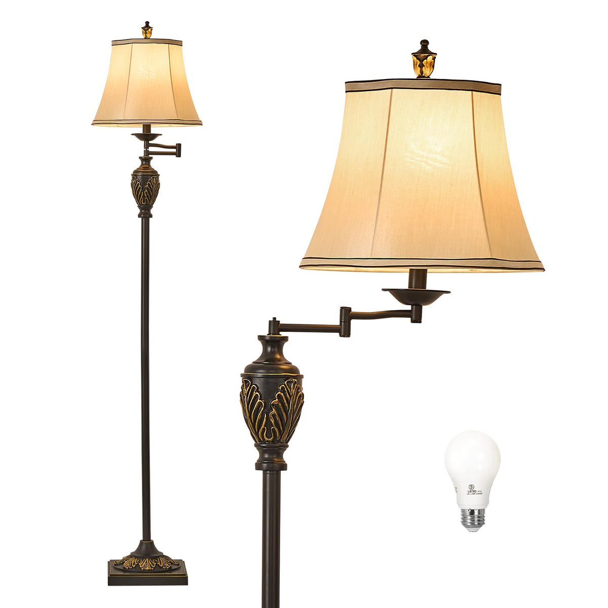 Traditional LED Floor Lamp with 350° Adjustable Swing Arm Lamp – Vintage Standing Pole lamp for Living Room, Bedroom and Office – Rustic Upright Floor Light for Home Décor with Silk Fabric Shade