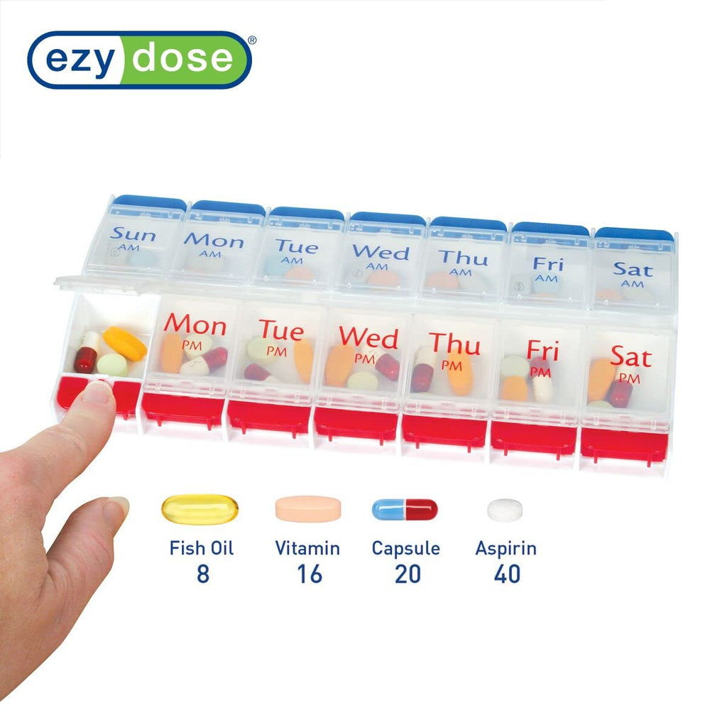 EZY DOSE Push Button (7-Day) Pill Case, Medicine Planner, Vitamin Organizer, 2 Times a Day, AM/PM Container, X-Large Compartments, Arthritis Friendly, Easy to Use, Transparent Lids, Black, BPA Free