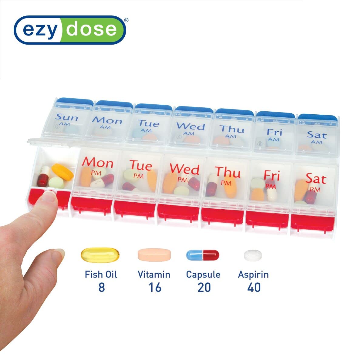 EZY DOSE Push Button (7-Day) Pill Case, Medicine Planner, Vitamin Organizer, 2 Times a Day, AM/PM Container, X-Large Compartments, Arthritis Friendly, Easy to Use, Transparent Lids, Black, BPA Free
