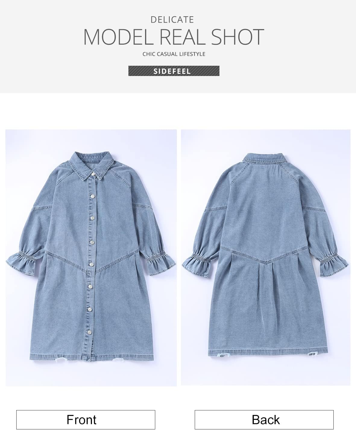Sidefeel Womens Smocked 3 4 Sleeve Button Down Denim Jeans Dresses